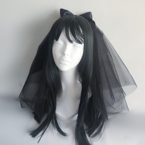 Bachelorette black veil Gothic bride to be headband Spooky gothic bridal shower bow veil Halloween party veil Goth wedding veil black