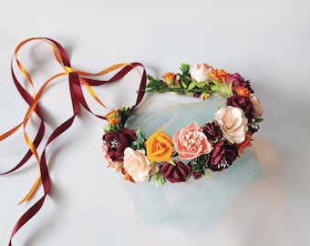Fall wedding flower crown, Burgundy blush and orange flower wreath, Autumn hairpiece