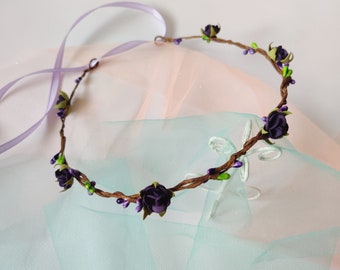 Dark Purple Floral Crown: Wedding, Bridesmaid, Flower Girl
