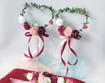 Flower wand flower girl crown wedding wand Flower belt burgundy Flower sash red festival flower crown for girl rose wand for flower girl