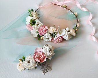 Blush Pink Floral Wedding Crown with Peonies & Roses