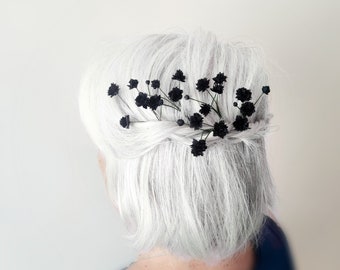 Black Baby's Breath Hair Pins, flower clip for Gothic wedding, Bridal floral headpiece
