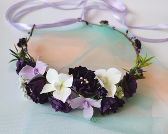 Dark purple and green flower crown eggplant plum wedding crown purple bridal purple bridesmaids purple flower girl floral wreath lilac