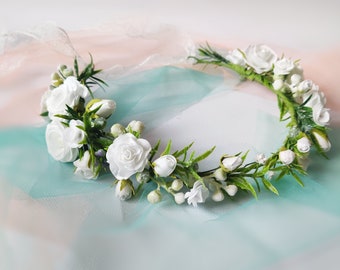 Flower crown white Flower girl headband Maternity crown Simple wedding crown green bridal flower crown Bridal hair wreath Communion