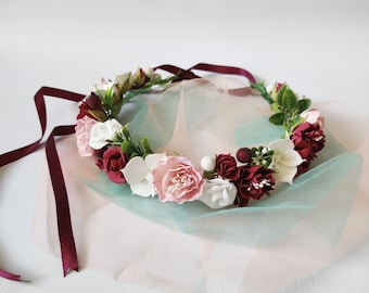 Burgundy blush pink ivory flower crown, bridal wedding floral wreath, red festival hair piece