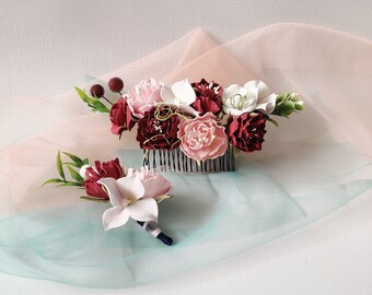 Burgundy Floral Hair Comb: Blush Pink Fall Wedding Hairpiece