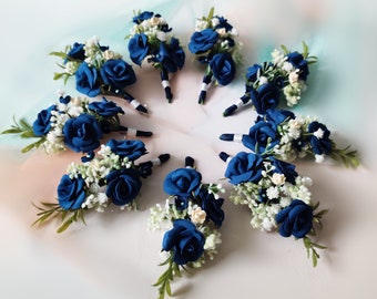 Navy Blue Flower Boutonniere, Groomsmen Lapel Pin and Corsage Set