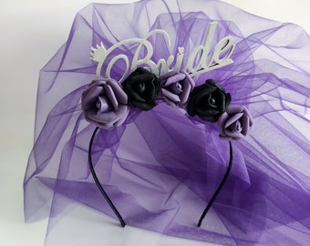 Bachelorette headband with purple veil black, Halloween Spooky bridal shower, Goth bachelorette party