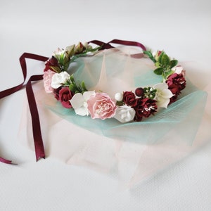 Burgundy blush pink ivory flower crown bridal floral crown Festival hair piece red wedding wreath burgundy wedding crown baby flower crown