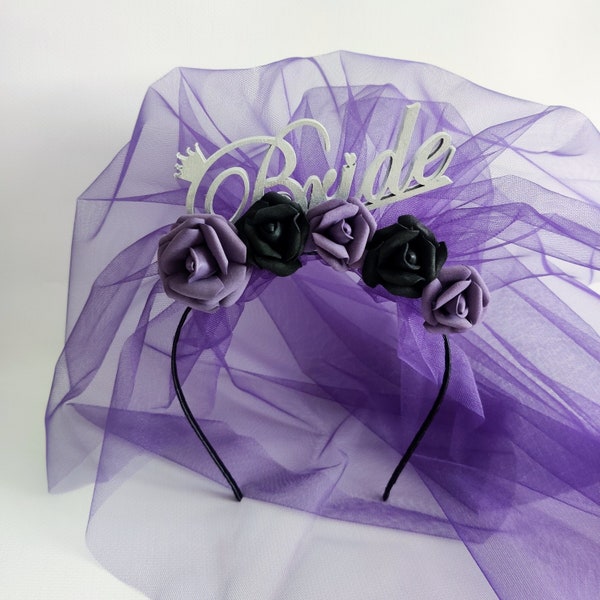 Bachelorette headband with purple veil black Halloween bridal shower veil Goth bachelorette party Gothic bride to be Spooky bachelorette