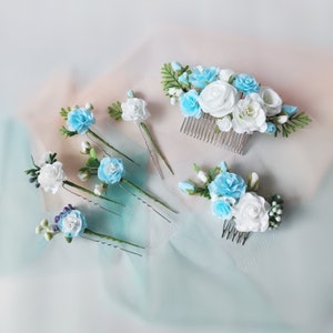 Flower hair comb blue wedding flower hair piece Bridal floral hair comb Prom floral headpiece light blue hair pins bridesmaid hair comb