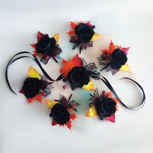 Fall corsage and boutonniere set black and orange flower corsage Burnt orange rust corsage Prom corsage Autumn wedding maple leaves corsage