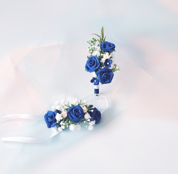 Navy Ivory Wedding Buttonhole Pin Corsage Bridal Flower Girl Bridesmaids Satin 