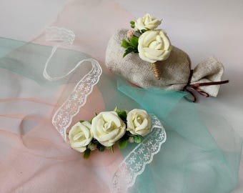 White or Ivory Wrist Corsage and Boutonniere Set for Wedding and Prom Events