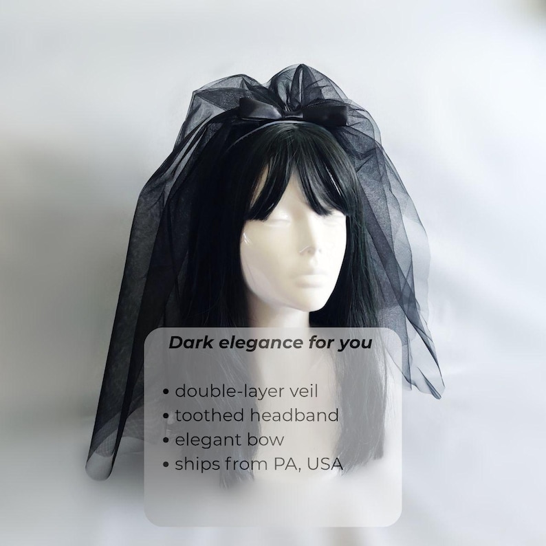 Black bow veil headband for Gothic Bride, Spooky bachelorette party afbeelding 2