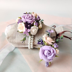 Wrist corsage and boutonniere set purple flower bracelet lavender groomsmen lapel pin prom corsage wristlet mother of the bride corsage