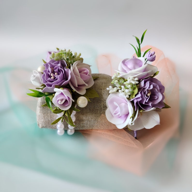 Corsage and boutonniere set lavender prom corsage groomsmen lapel pin baby shower corsage purple corsage wristlet wedding wrist corsage 