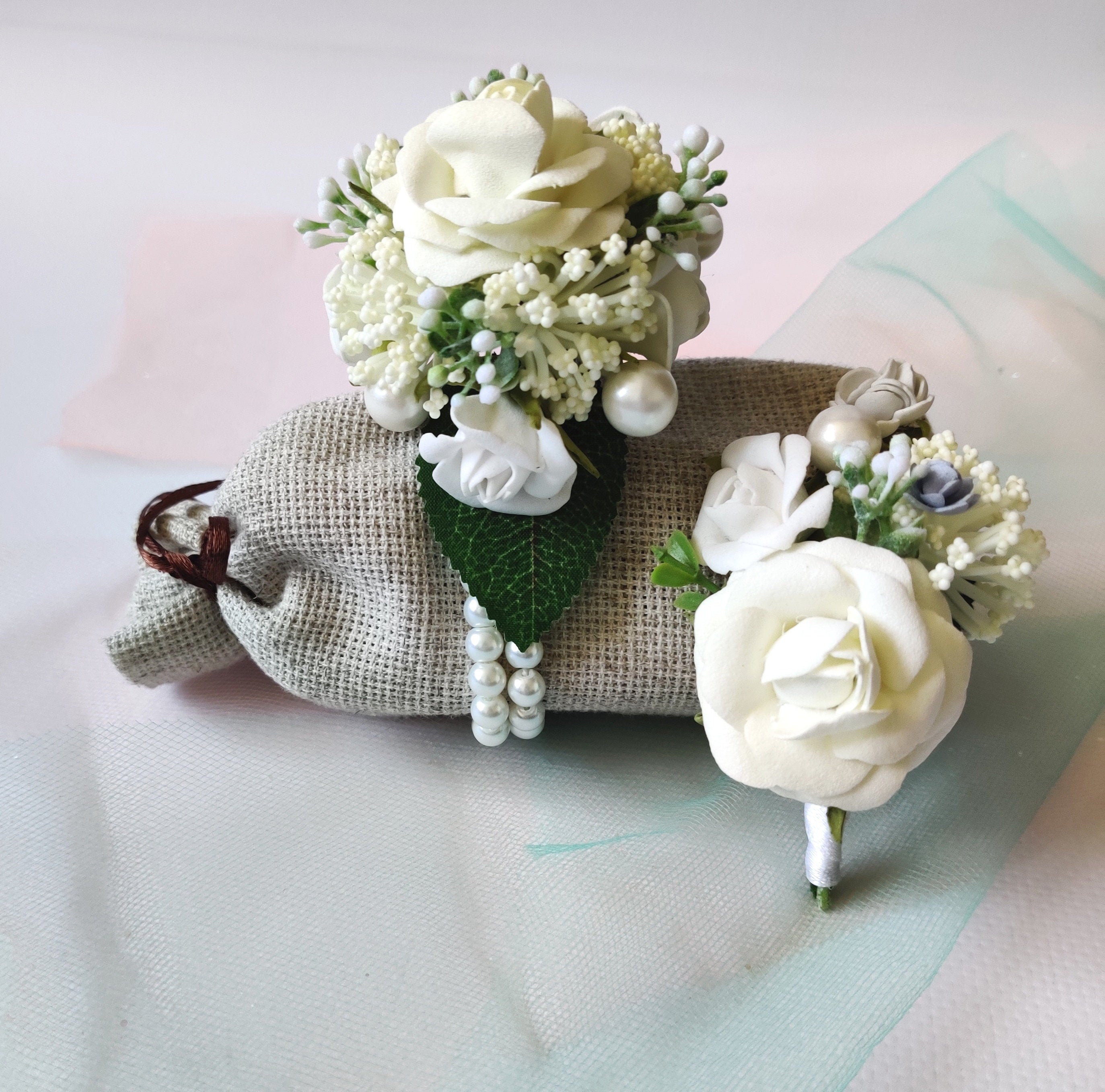 White Bride Rose Boutonniere Pin Wedding Wrist Corsage Party Prom Set with Pearl 