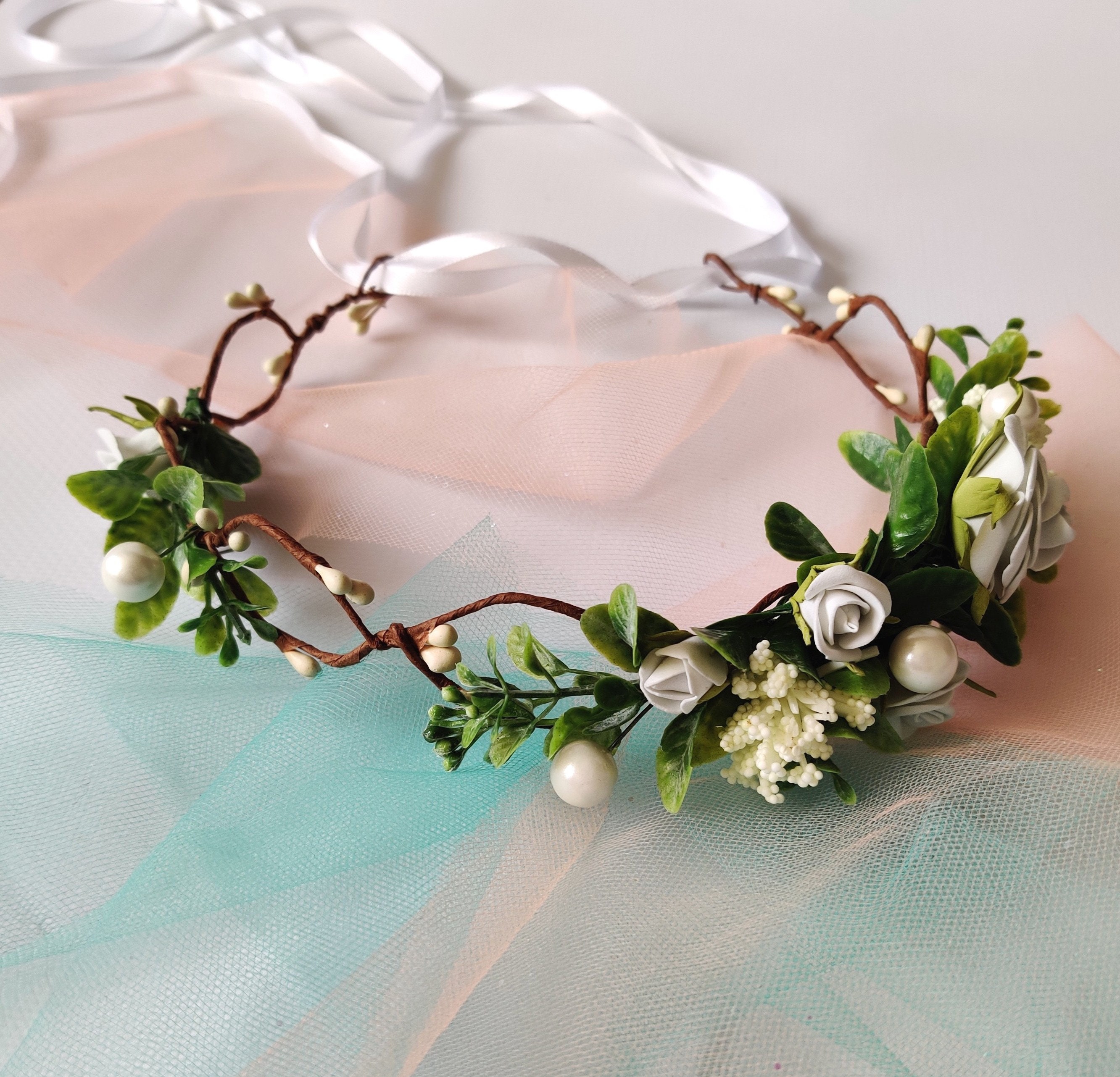 White rose bridal flower crown simple wedding crown white Etsy