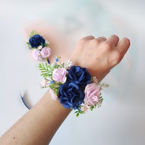 Navy Blush Corsage and Boutonniere Set, Floral Wedding Bracelet Wristlet