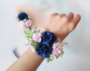 Navy blue wrist corsage Prom corsage wristlet blue and pink bridesmaid corsage flower bracelet navy wedding pin on corsage and boutonniere