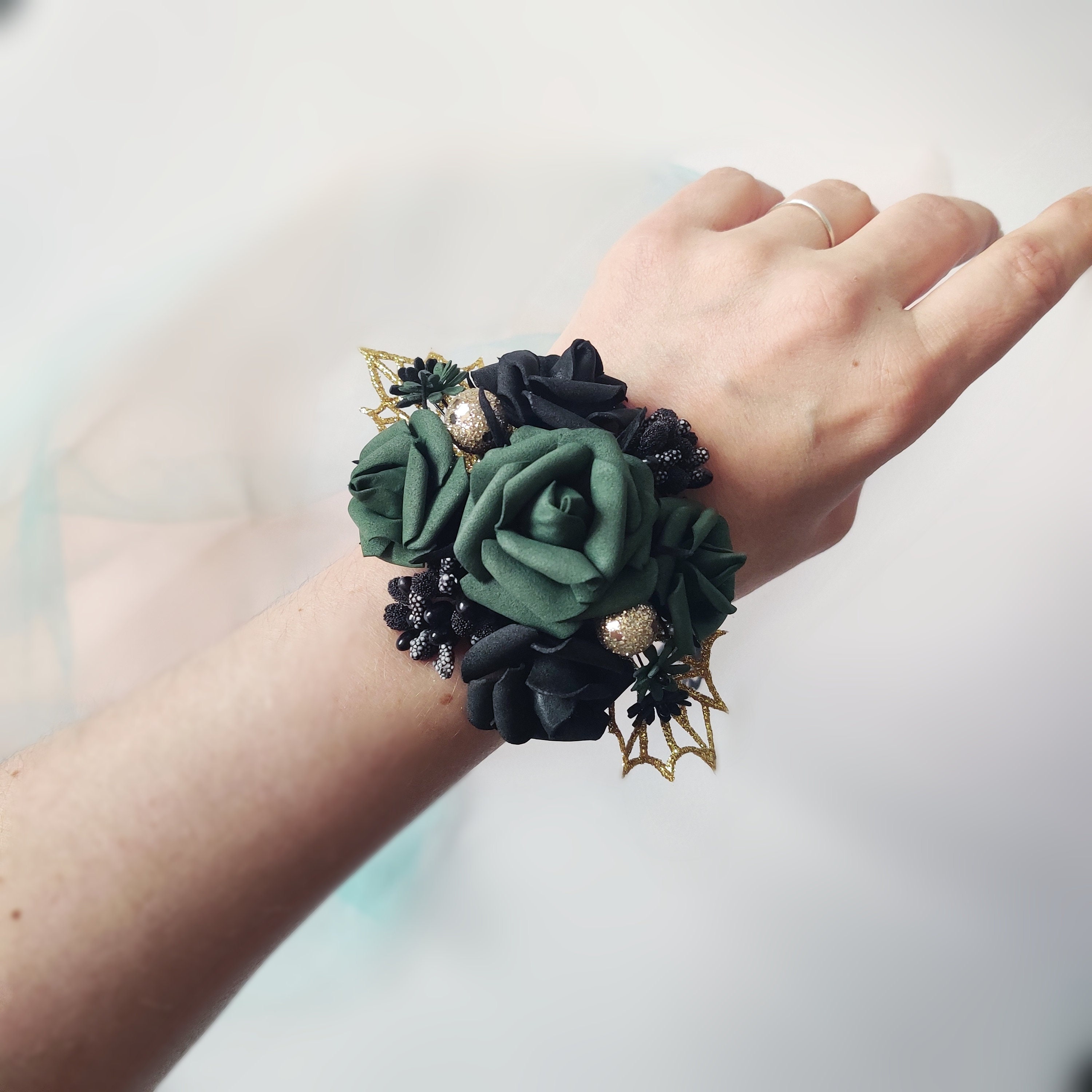 Emerald Green and Black Corsage or Boutonnière 