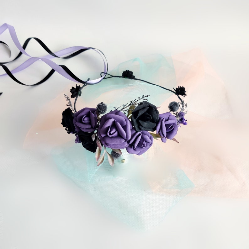 Black Purple Flower Crown Dark Purple Wedding Headband Black Etsy