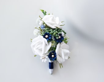 White Rose Boutonniere, Blue Accent, Groom Wedding Lapel Pin