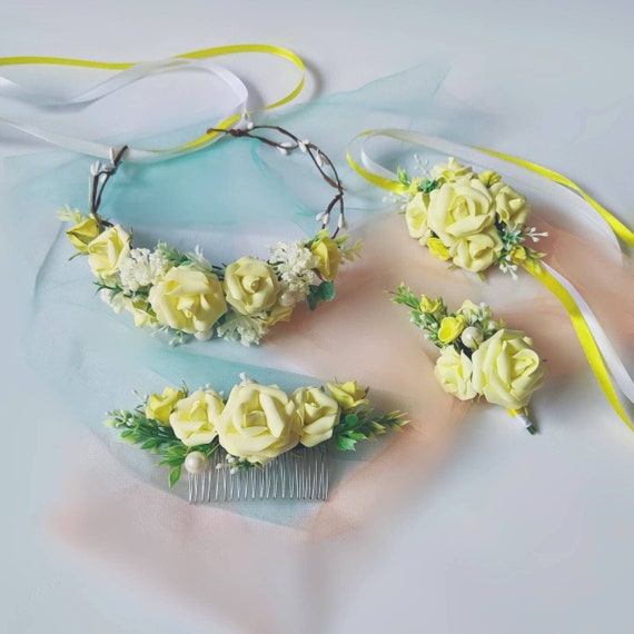 Lemon Yellow Rose Flower Crown, Corsage, and Hair Comb Set  display picture 2