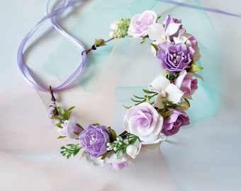 Purple flower crown lavender boutonniere Pastel flower crown Maternity crown lilac purple wedding crown Baby flower crown Flower girl crown