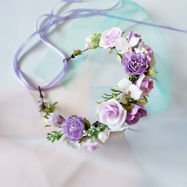 Purple flower crown lavender boutonniere Pastel flower crown Maternity crown lilac purple wedding crown Baby flower crown Flower girl crown