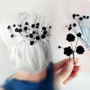 Gothic wedding hair piece, Baby breath hair pins, Black hair accessories for alternative bride