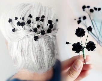 Gothic wedding hair piece, Baby breath flower pins, Black accessories for alternative bride