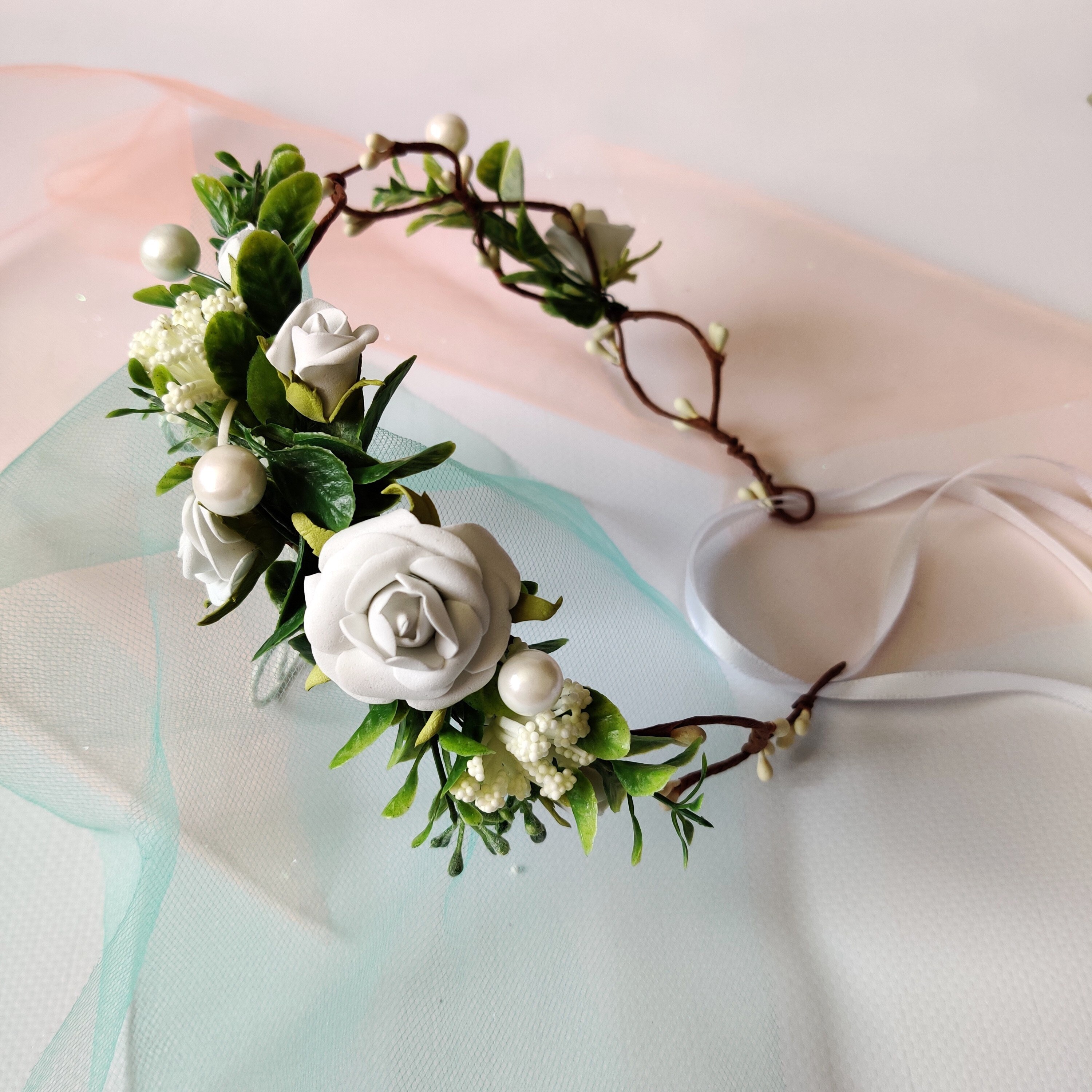 White rose bridal flower crown simple wedding crown white Etsy
