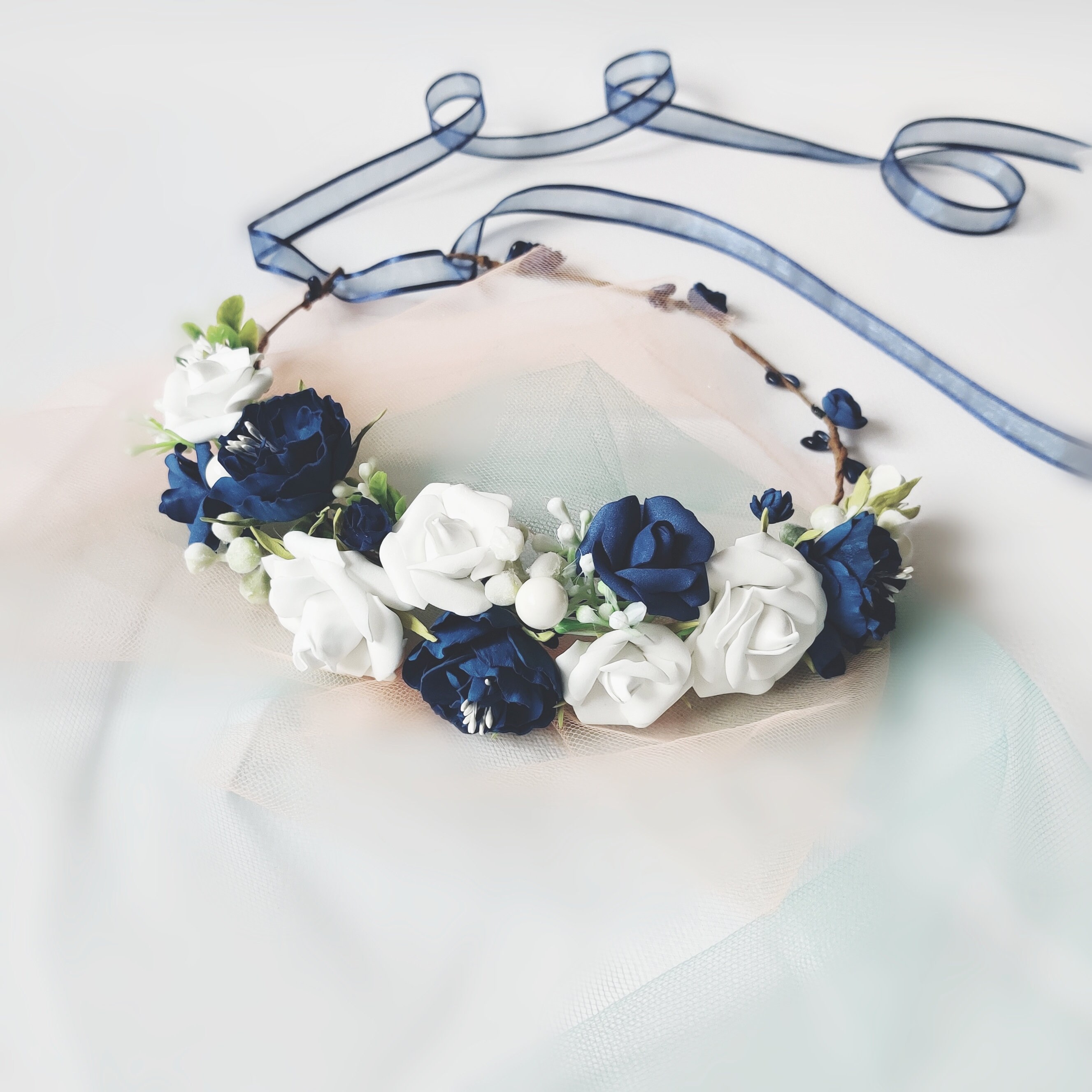 Flower Crown Blue and White Wedding Crown Navy Blue Flower Girl Crown ...