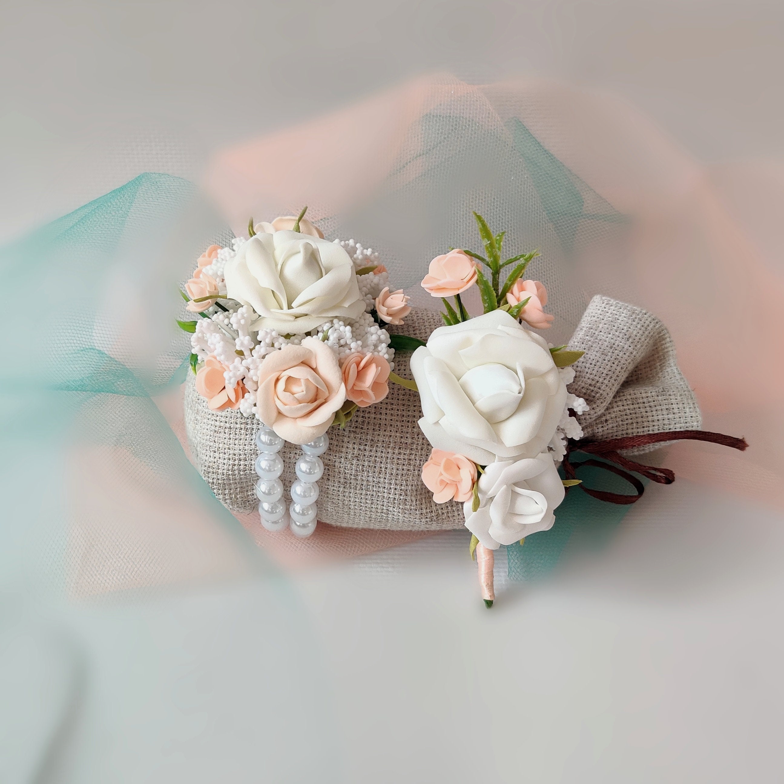 Champagne corsage wristlet and boutonniere set prom wrist Etsy