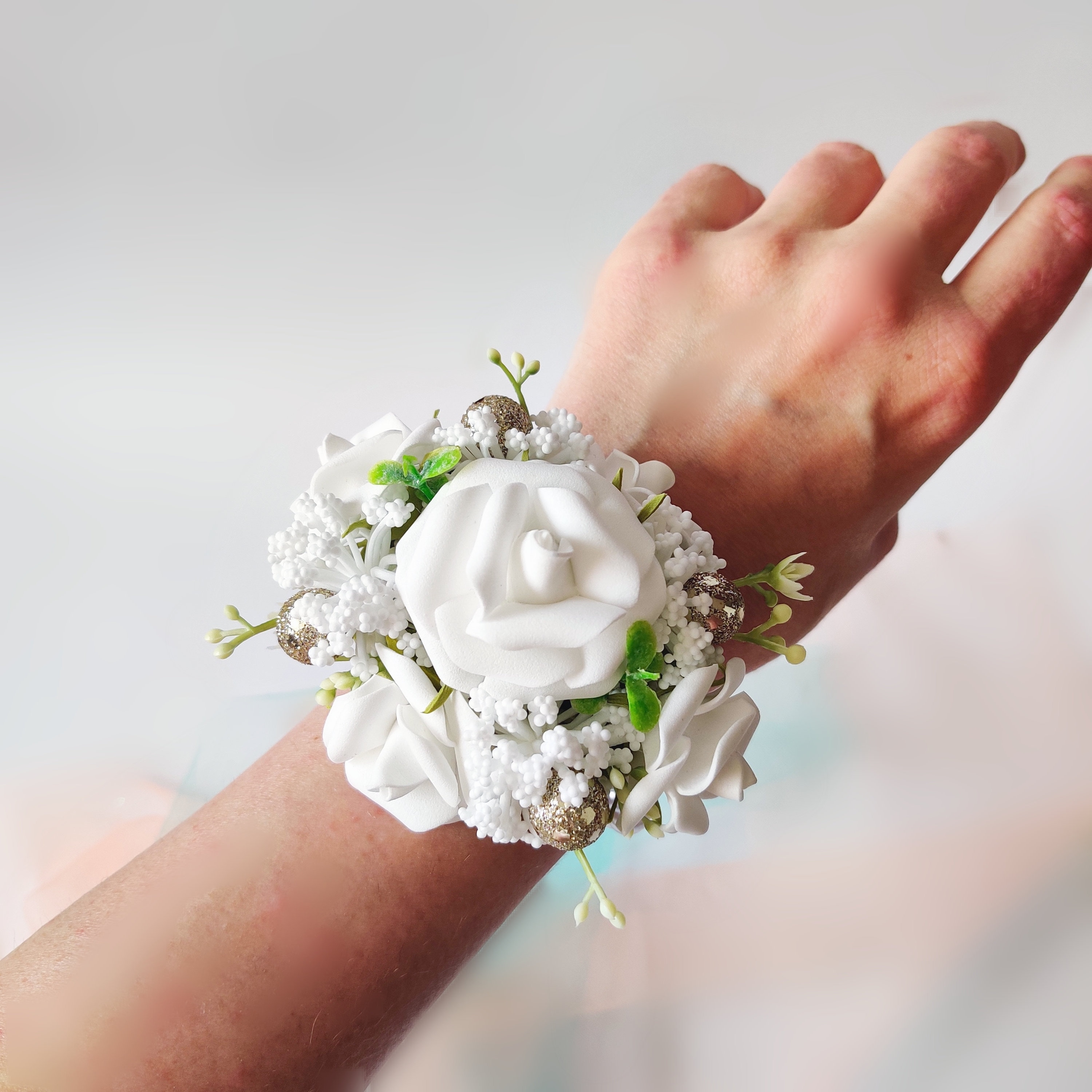 Ivory Cream Prom Wrist Flower & Feather Corsage on Pearl Bracelet Wedding 
