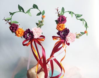 Flower Girl Wand for Fall Wedding, Burgundy and Orange Heart Wand