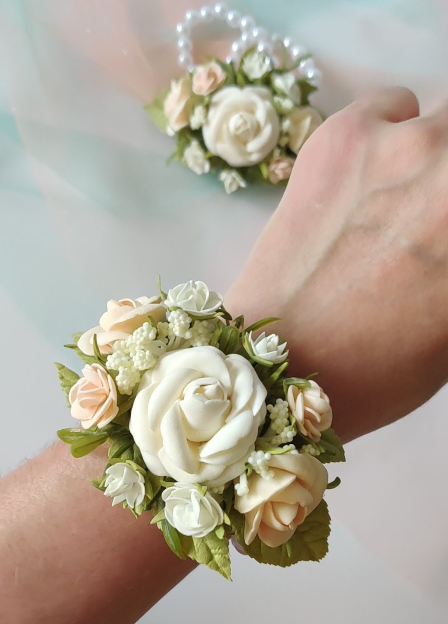 Champagne corsage wristlet and boutonniere set prom wrist Etsy