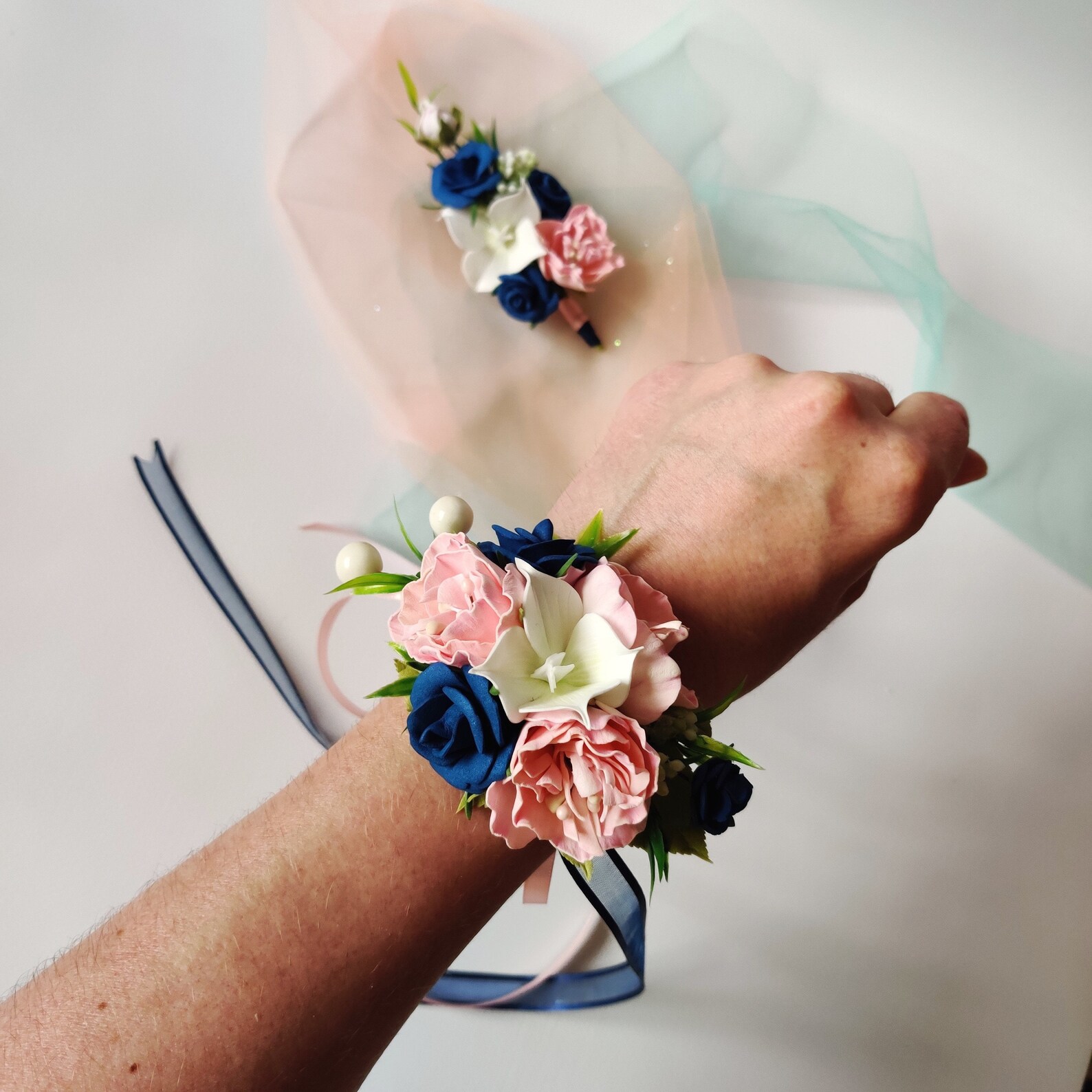Navy blue blush pink wrist corsage and boutonniere set mother Etsy