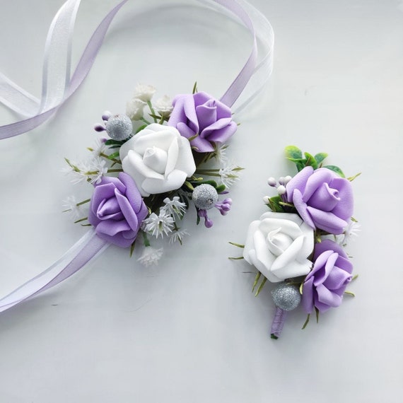 Plum Wedding Wrist Corsage and Boutonniere Set Purple Corsage -   Prom  flower bracelet, Corsage and boutonniere set, Corsage and boutonniere