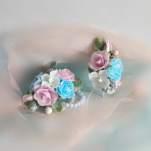 Corsage and boutonniere set light blue and pink wrist corsage sage prom flower corsage wristlet Wedding corsage Flower bracelet MOB corsage