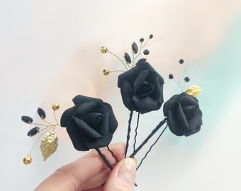 Black Rose Hair Pins: Gothic Wedding Hair Accessories, Gold Leaf (Set of 3)