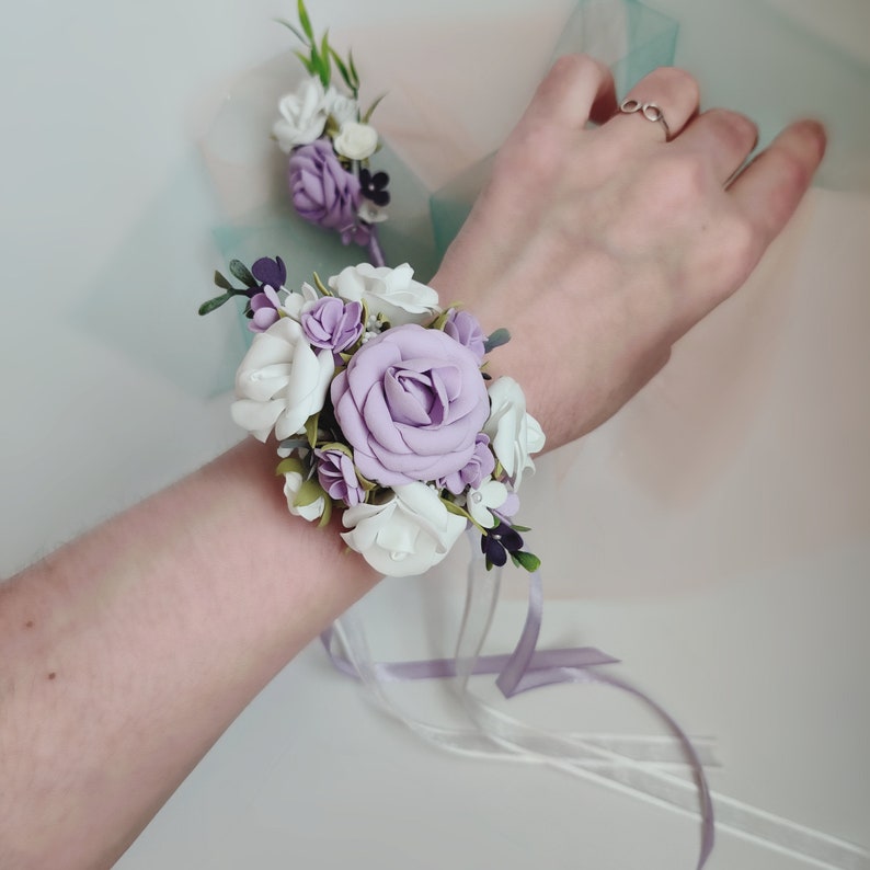 Purple lavender flower wrist corsage and boutonniere set prom Etsy
