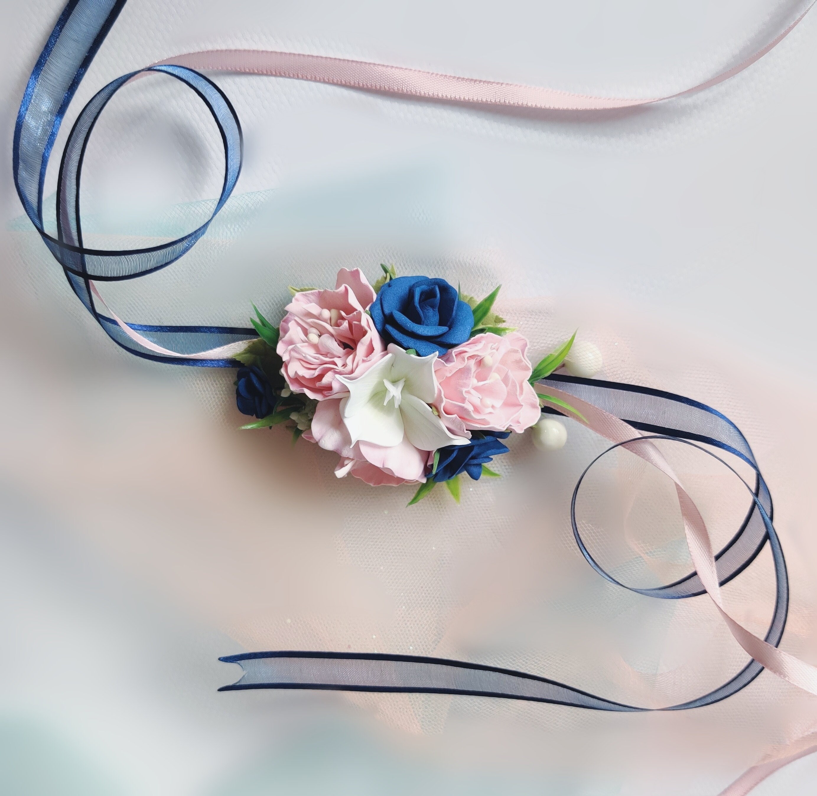 Glamour Singolo Blu Navy Rosa Su Nero Corsetto Da Polso E Boutonniere Combo Taglia M
