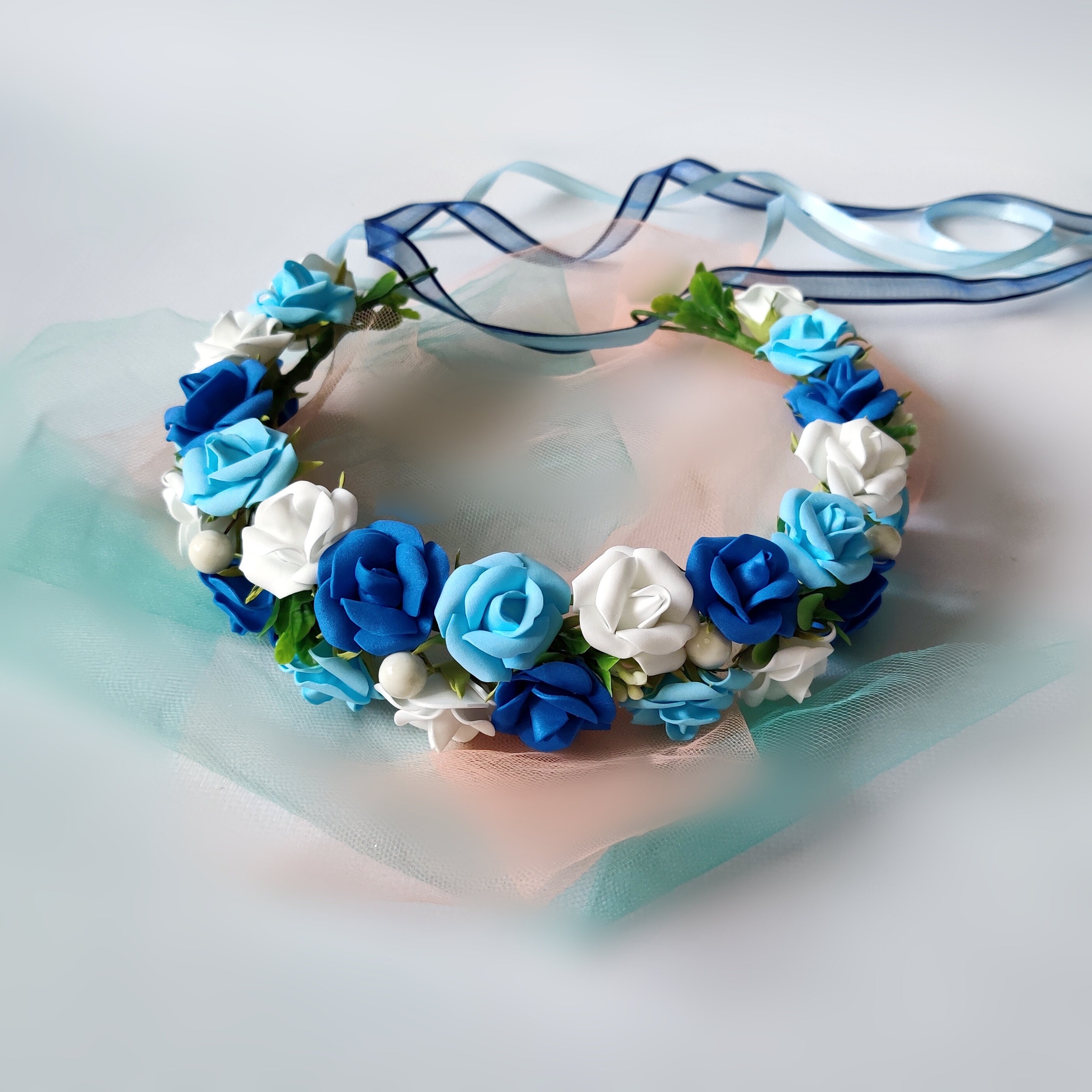 Flower crown royal blue wedding wreath Blue white floral crown Etsy