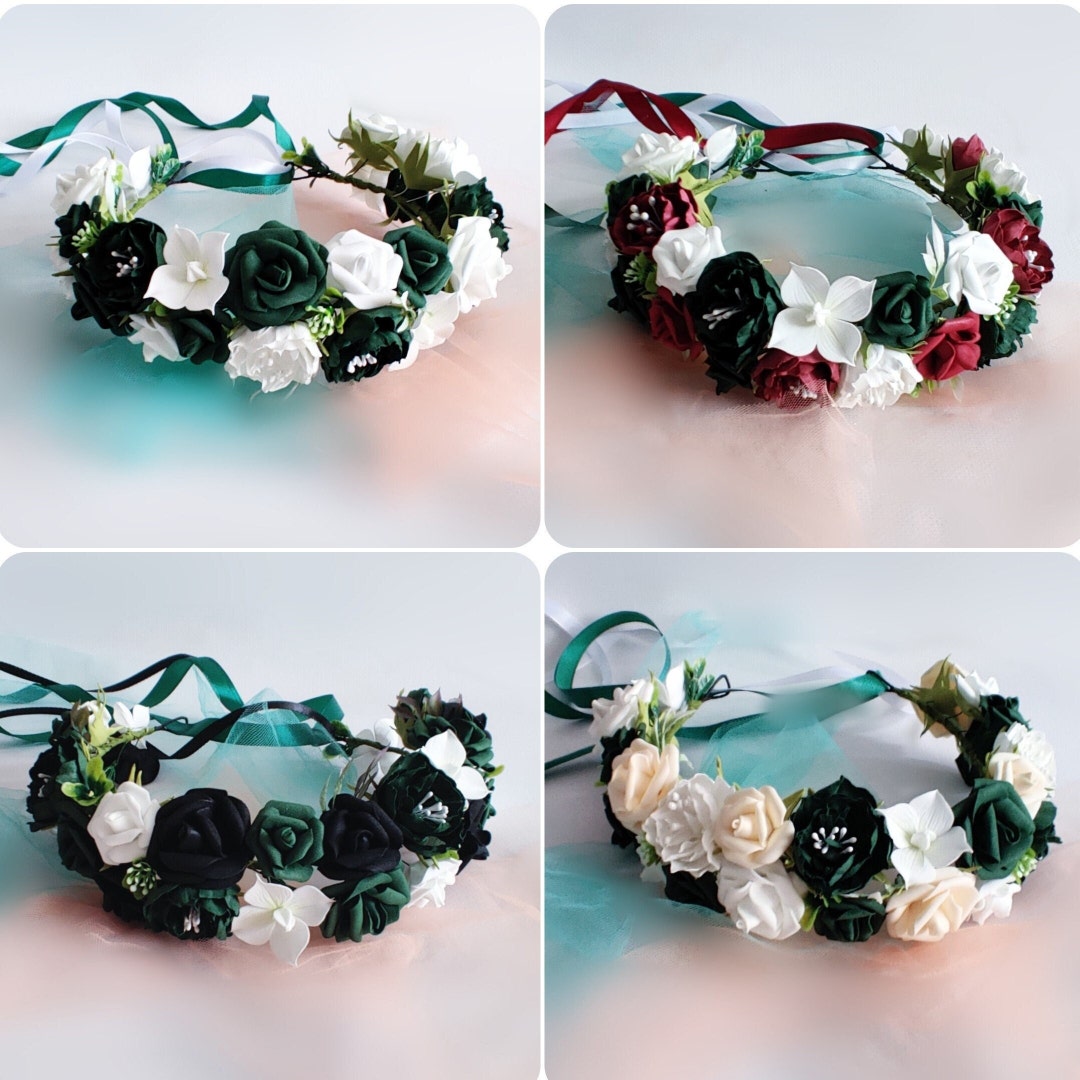 Emerald Green Flower Crown Dark Green and Black Bridal Headpiece Flower