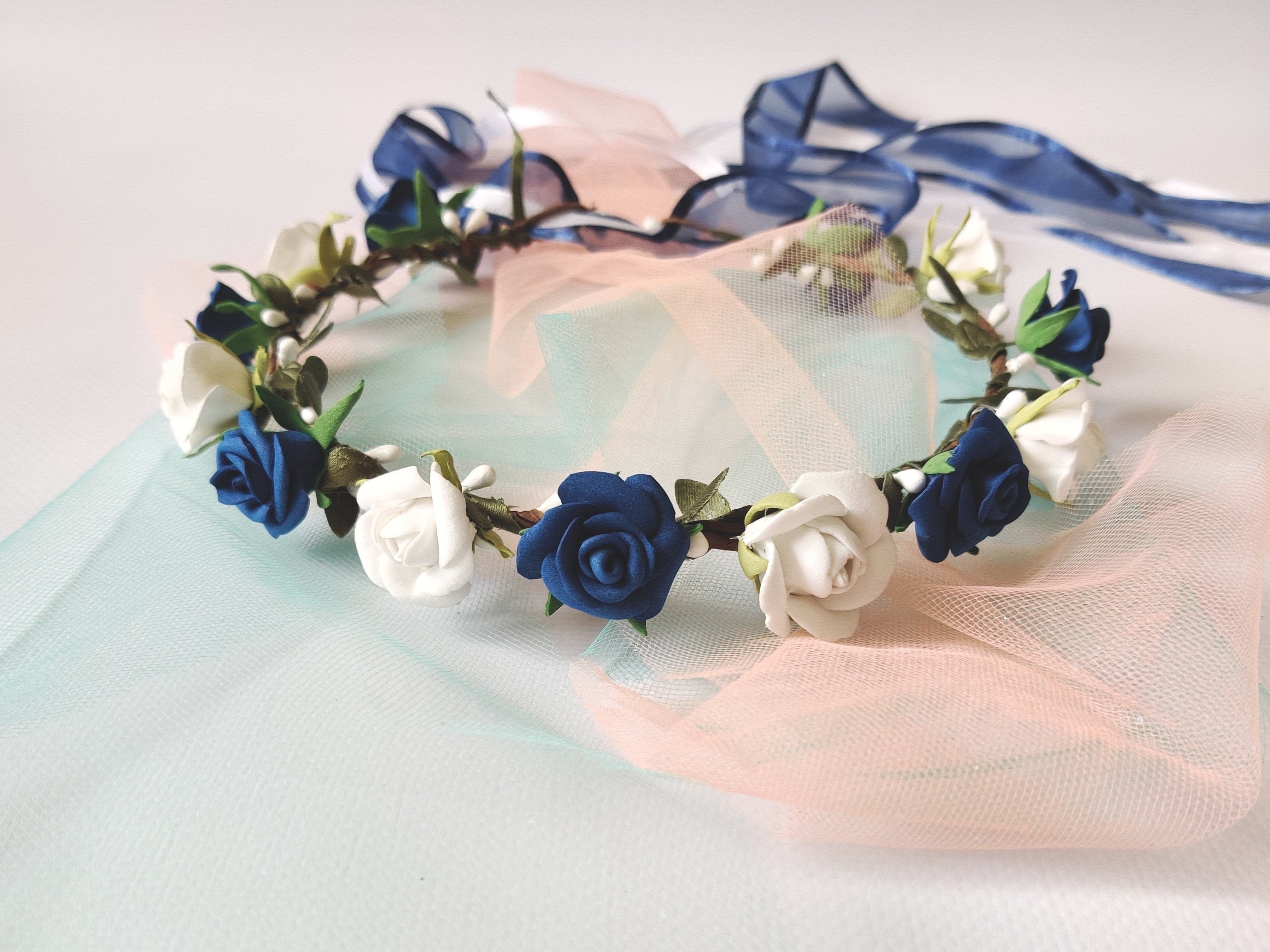 Corona de flores azul adulto blanco azul flor diadema - Etsy España Corona de flores azul adulto blanco azul flor diadema - Etsy España
