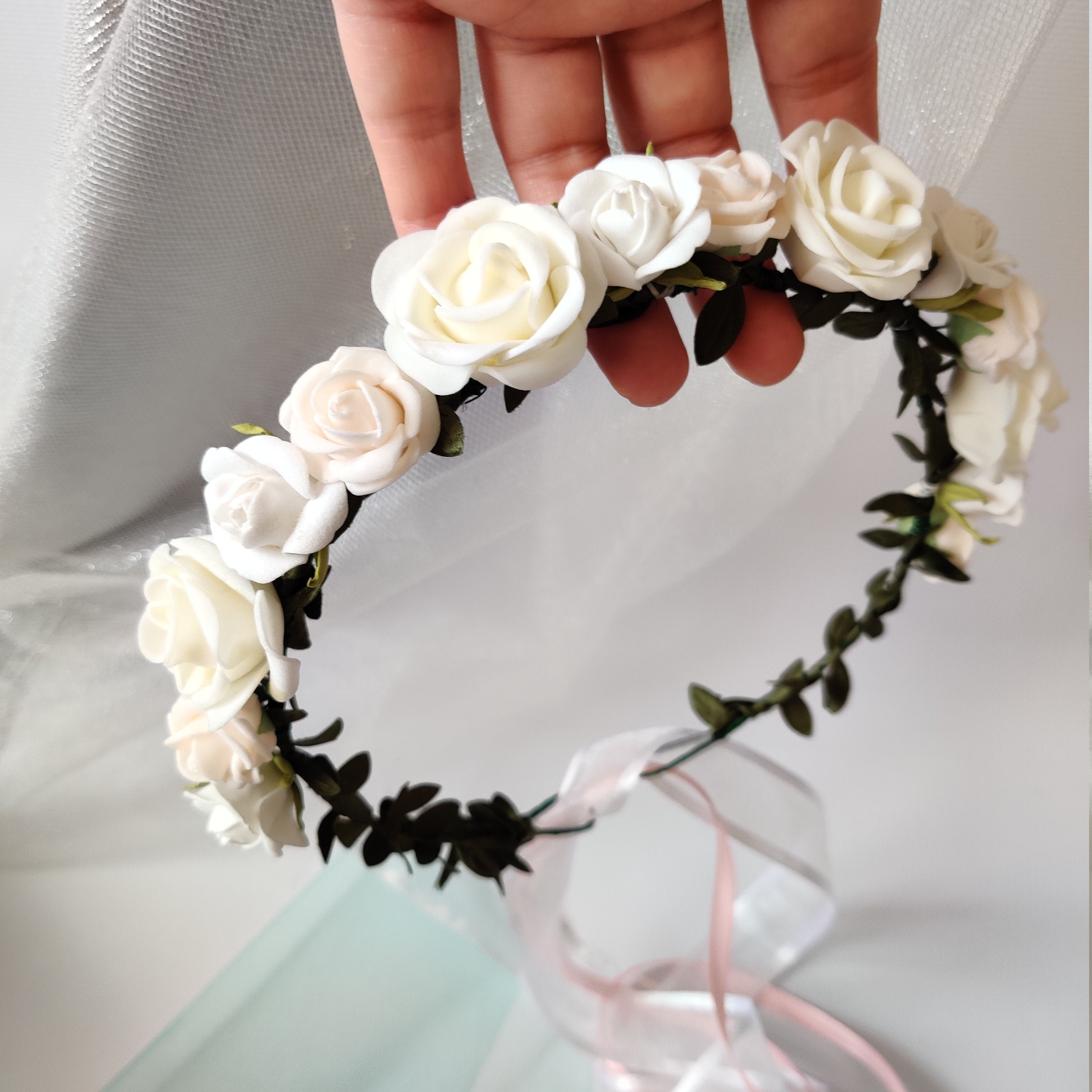 White Rose Flower Crown Baptism Crown Flower Girl Headband Etsy