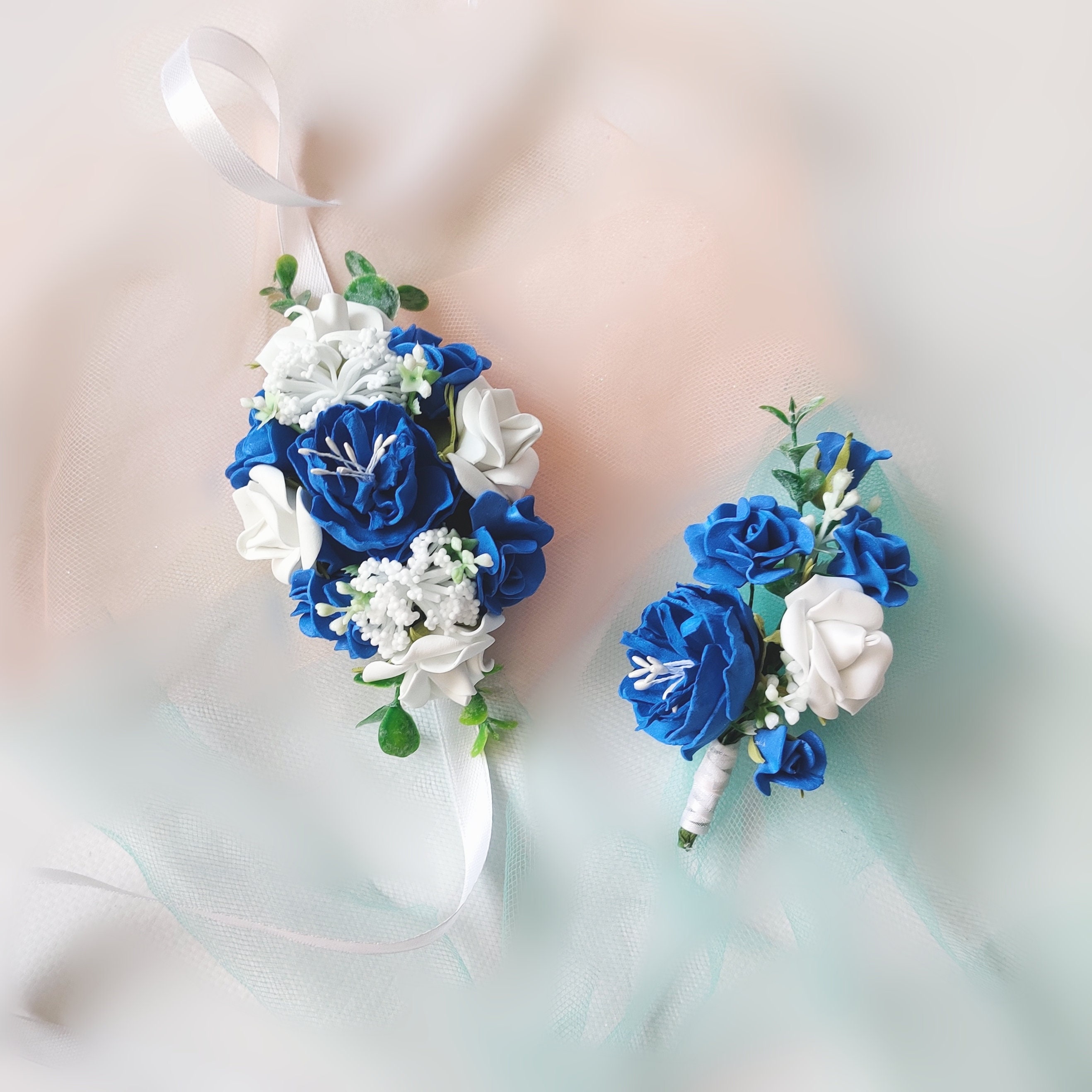 Corsage and Boutonniere Set Royal Blue Prom Corsage Wristlet Etsy